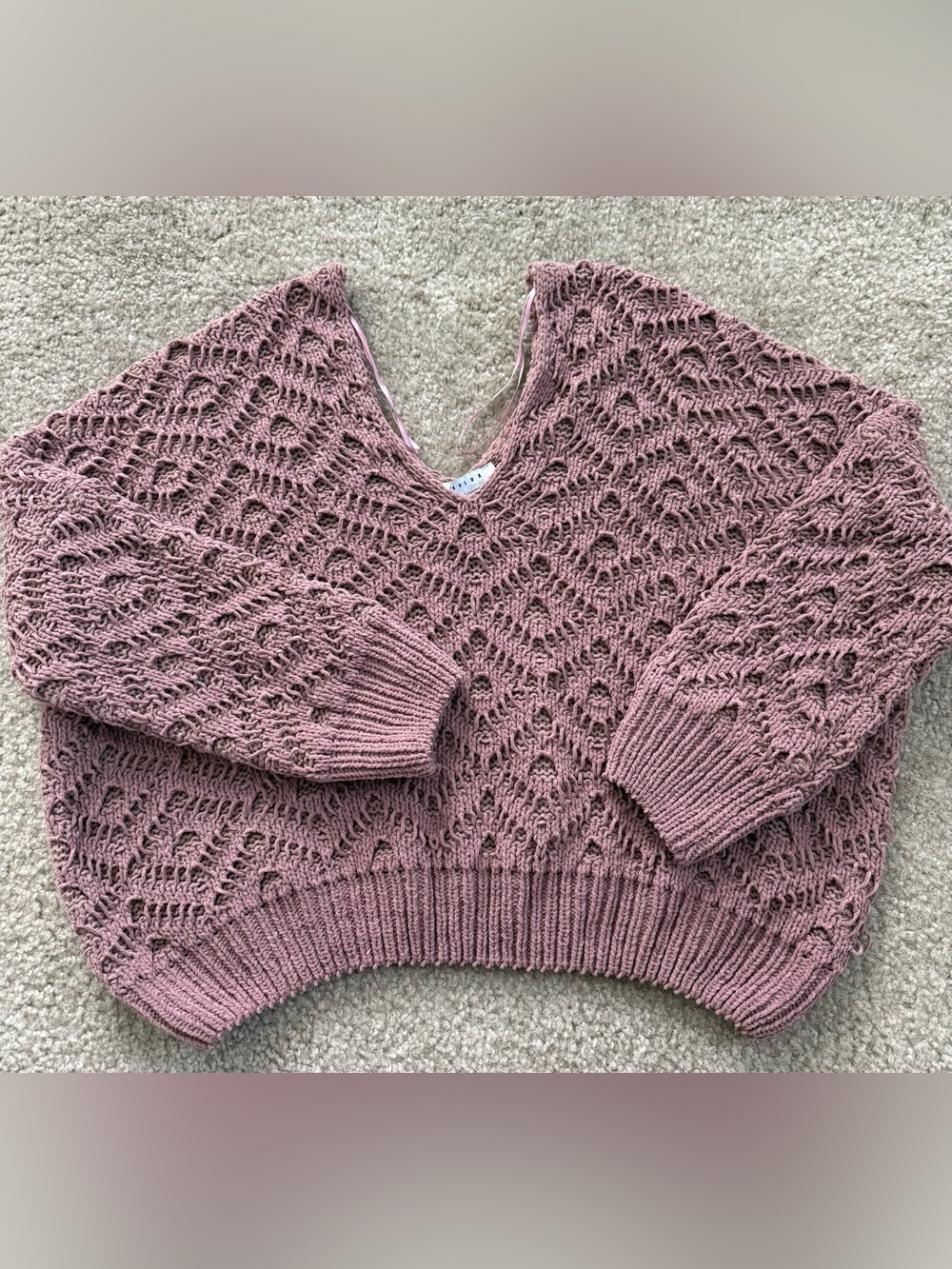 Favlux Textured V-Neck Openwork Sweater - Dusty Rose